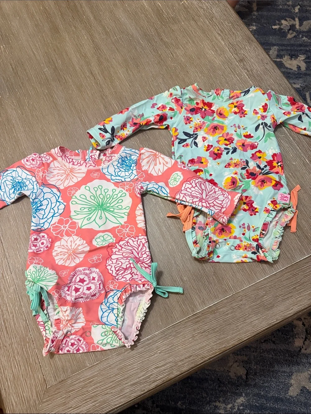 Ruffle Butts Coral & Mint Floral Long Sleeve One-Piece Swim